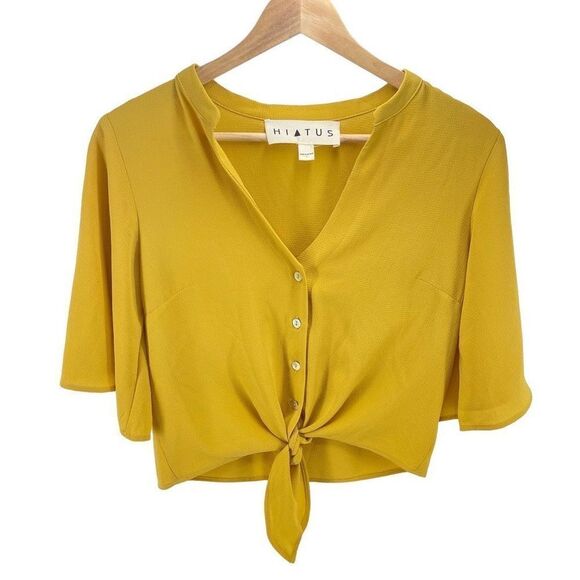 Hiatus Women's Front Tie-up Crop Top Size Small EUC mustard yellow flutter sleev - Picture 1 of 11